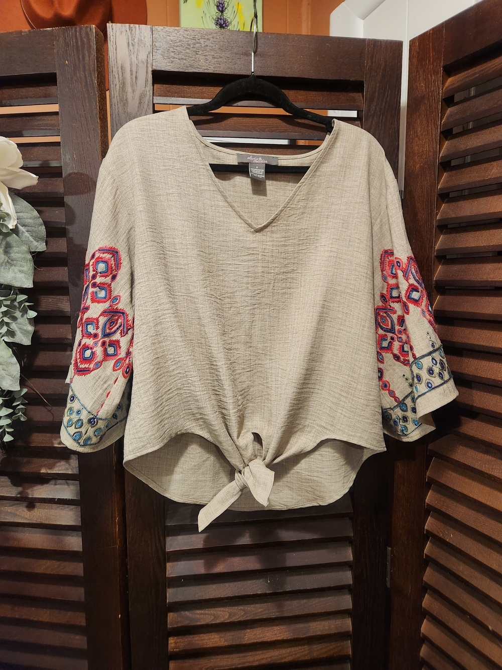 Embroidered Tie-Front Blouse in Beige with Multicolor Sleeve Detail